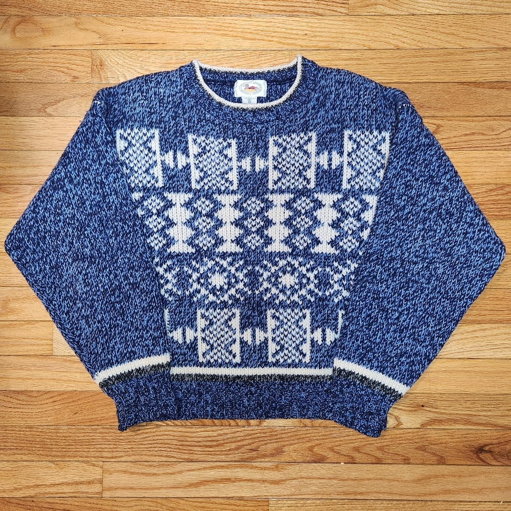 Vintage Marsh Landing 100% Shetland Wool Blue Nordic Patterned Knit Sweater
